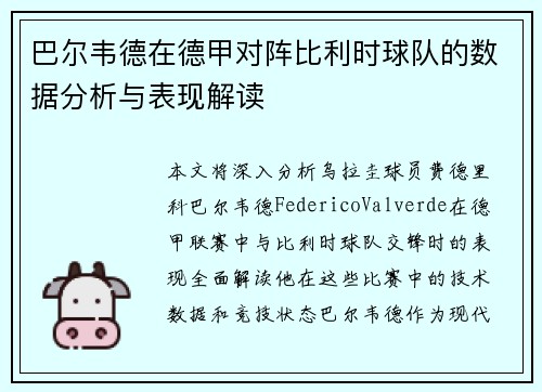巴尔韦德在德甲对阵比利时球队的数据分析与表现解读